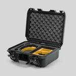 Angled view of Foama Olive Color Hard Case and Custom Foam Insert with a Stylish Yellow Layer for DJI Mini 3 & 4 Pro