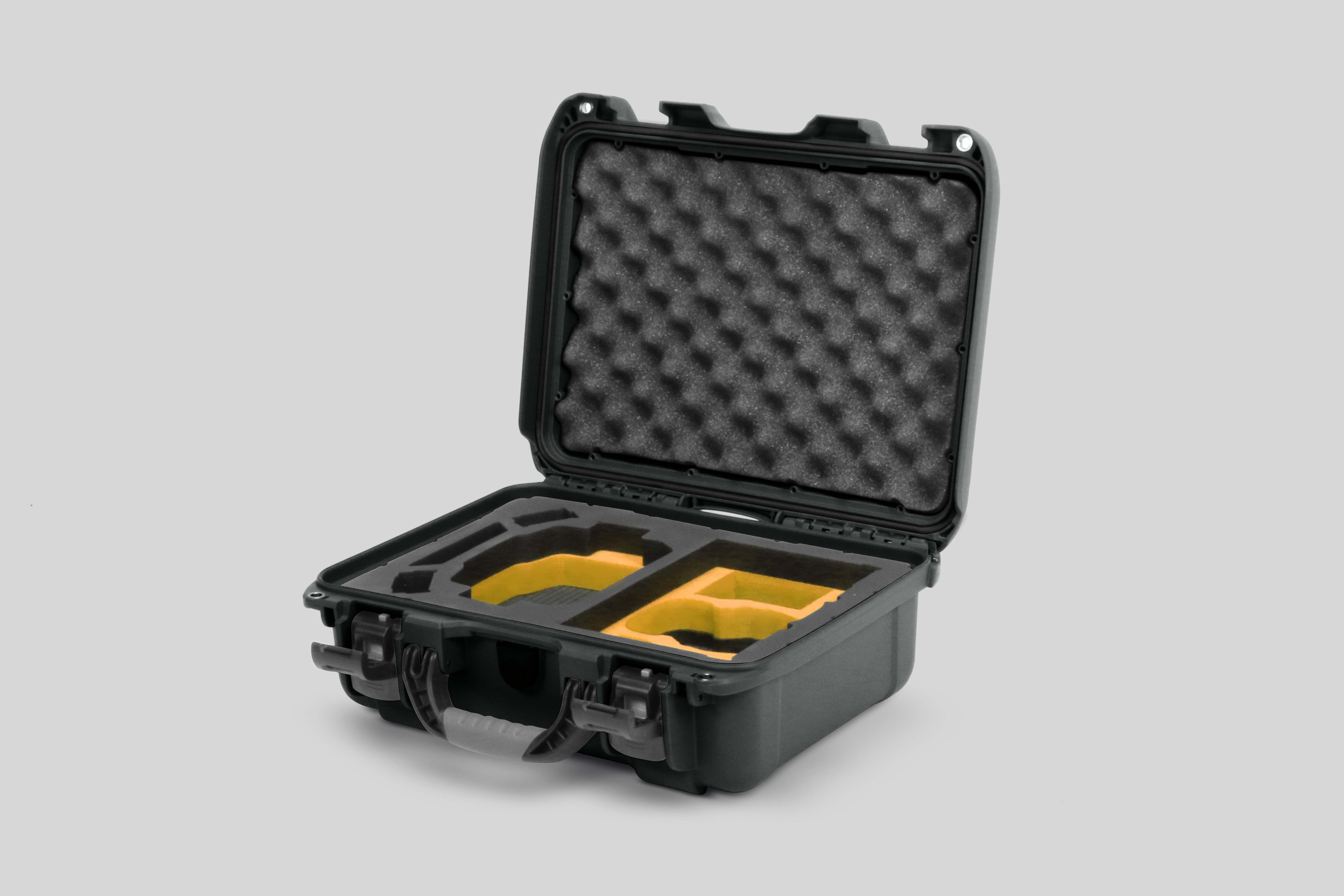 Angled view of Foama Olive Color Hard Case and Custom Foam Insert with a Stylish Yellow Layer for DJI Mini 3 & 4 Pro