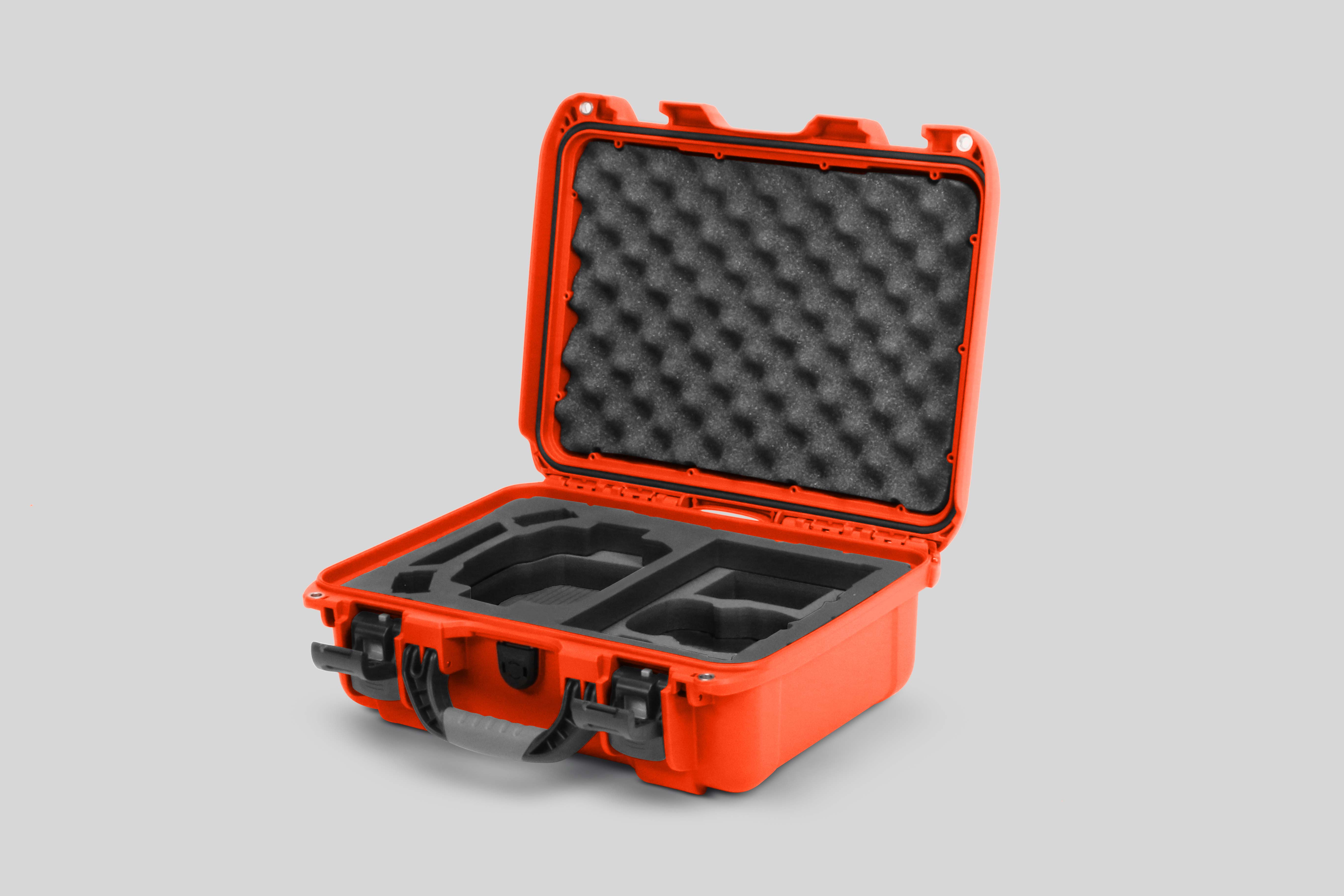 Angled view of Foama Orange Color Hard Case and Custom Foam Insert with a Stylish Black Layer for DJI Mini 3 & 4 Pro