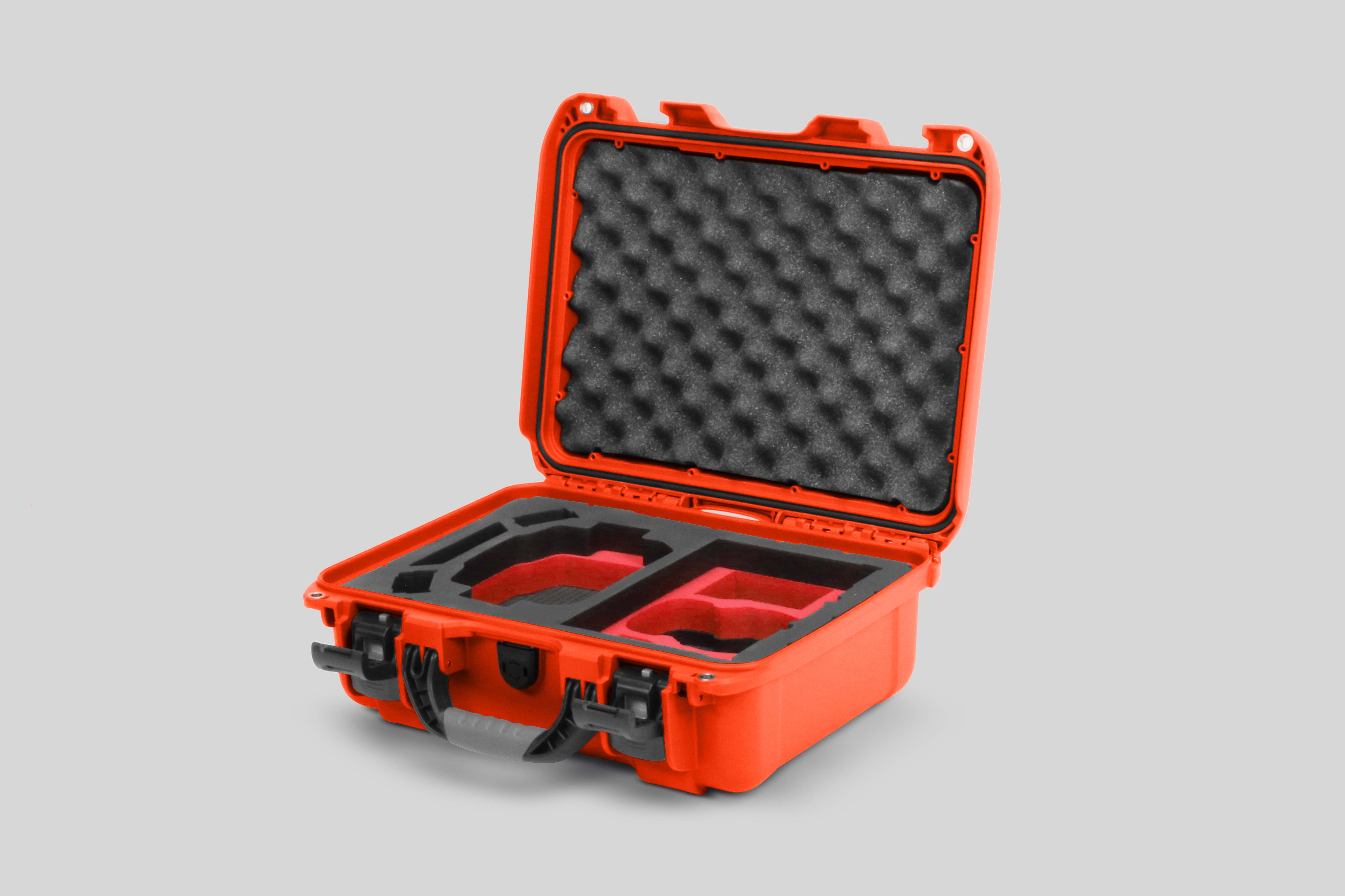 Angled view of Foama Orange Color Hard Case and Custom Foam Insert with a Stylish Red Layer for DJI Mini 3 & 4 Pro
