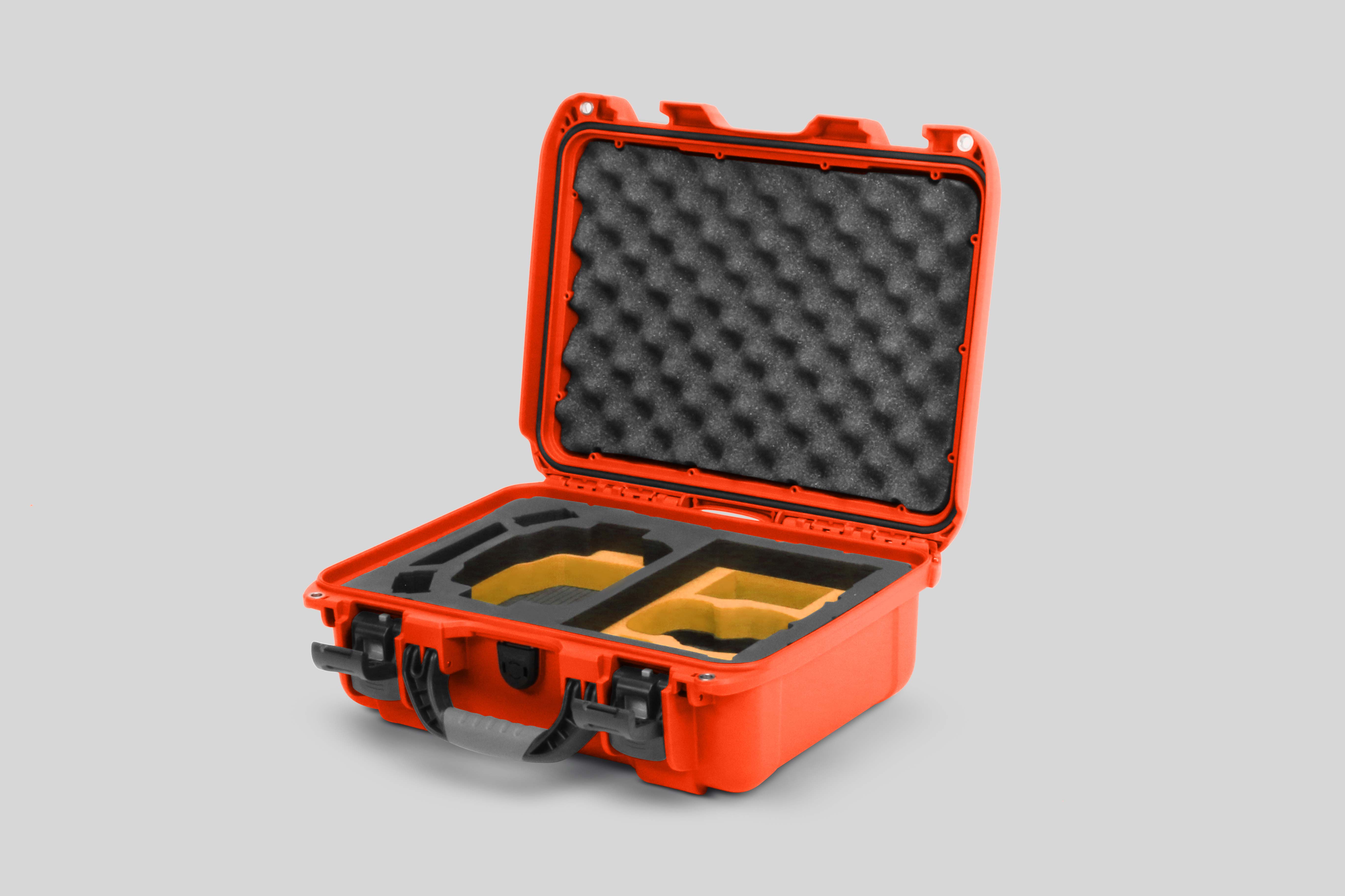 Angled view of Foama Orange Color Hard Case and Custom Foam Insert with a Stylish Yellow Layer for DJI Mini 3 & 4 Pro