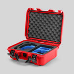 Angled view of Foama Red Color Hard Case and Custom Foam Insert with a Stylish Blue Layer for DJI Mini 3 & 4 Pro