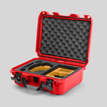 Angled view of Foama Red Color Hard Case and Custom Foam Insert with a Stylish Yellow Layer for DJI Mini 3 & 4 Pro