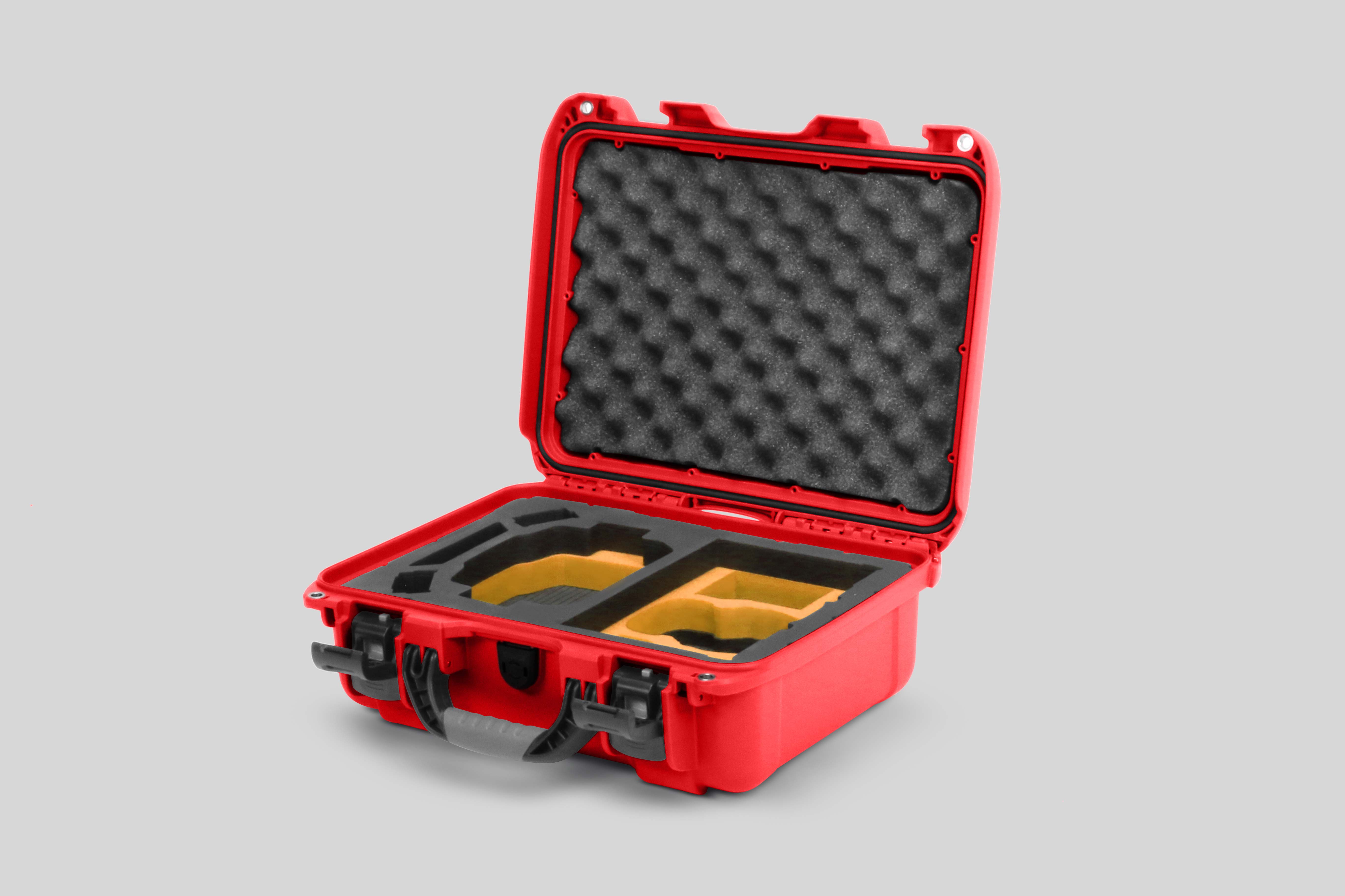 Angled view of Foama Red Color Hard Case and Custom Foam Insert with a Stylish Yellow Layer for DJI Mini 3 & 4 Pro