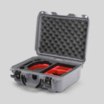 Angled view of Foama Silver Color Hard Case and Custom Foam Insert with a Stylish Red Layer for DJI Mini 3 & 4 Pro