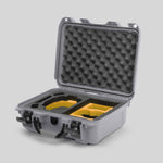 Angled view of Foama Silver Color Hard Case and Custom Foam Insert with a Stylish Yellow Layer for DJI Mini 3 & 4 Pro