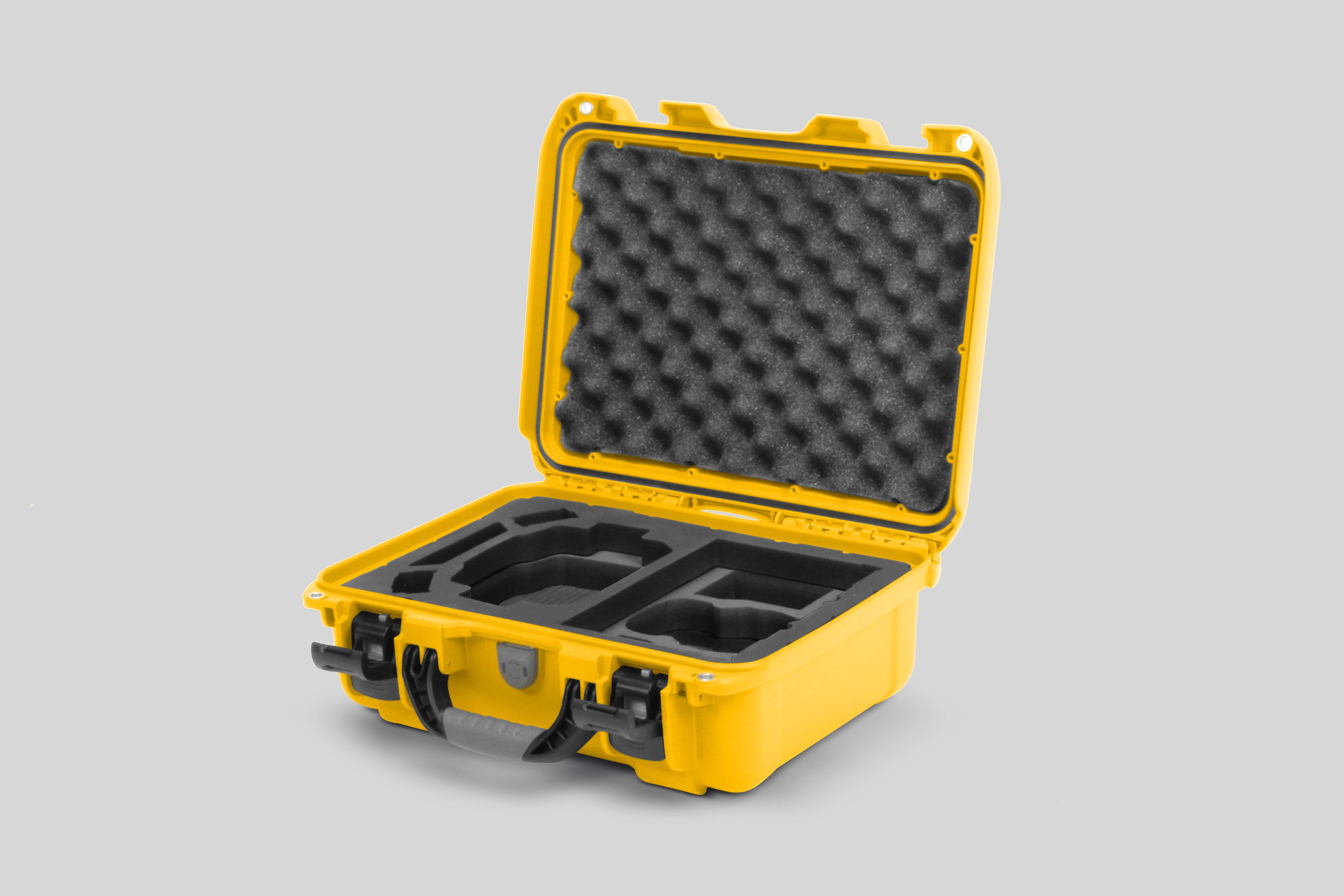 Angled view of Foama Yellow Color Hard Case and Custom Foam Insert with a Stylish Black Layer for DJI Mini 3 & 4 Pro