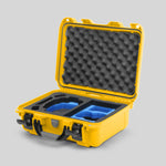 Angled view of Foama Yellow Color Hard Case and Custom Foam Insert with a Stylish Blue Layer for DJI Mini 3 & 4 Pro