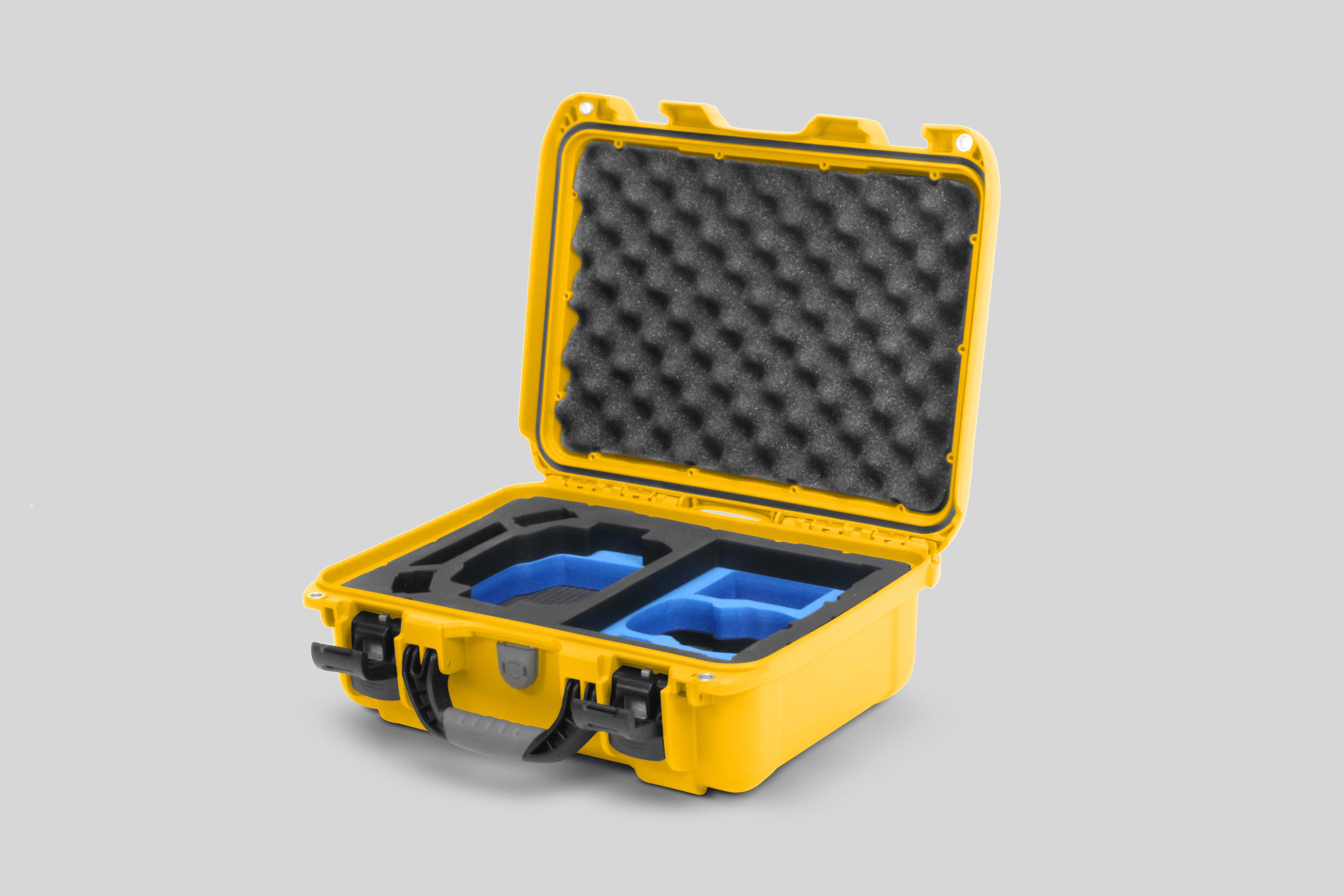 Angled view of Foama Yellow Color Hard Case and Custom Foam Insert with a Stylish Blue Layer for DJI Mini 3 & 4 Pro