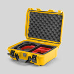 Angled view of Foama Yellow Color Hard Case and Custom Foam Insert with a Stylish Red Layer for DJI Mini 3 & 4 Pro