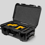 Angled View of a Red Raptor-X Black Color Carry-on Case with Custom Yellow Foam Insert