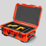 Angled View of a Red Raptor-X Orange Color Carry-on Case with Custom Yellow Foam Insert