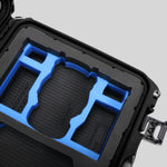 Close up view 1 of a DJI Mini 3 & 4 Pro Black Color Hard Case with Custom Blue Foam Insert