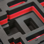 Close view of Black Color ARRI HI-5 Carry-On Case with Red Layer Custom Foam Insert