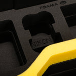 Close view of Black Nikon Compact Camera Case for Z8, Z7 lI, Z6 lI, Z6 III with Yellow Layer Custom Foam Insert