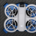 Close up view 2 of Foama black all-weather carry-on case with stylish blue layer insert, holding DJI Neo