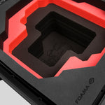 Close-up view 2 of Foama Black Color Carry-on case and Custom Foam Insert with Red Layer for RED Komodo-X