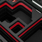 Close view of Olive Color Sony Burano Heavy Duty Roller Case and Custom Foam Insert with Red Layer for Burano Camera And Accessories