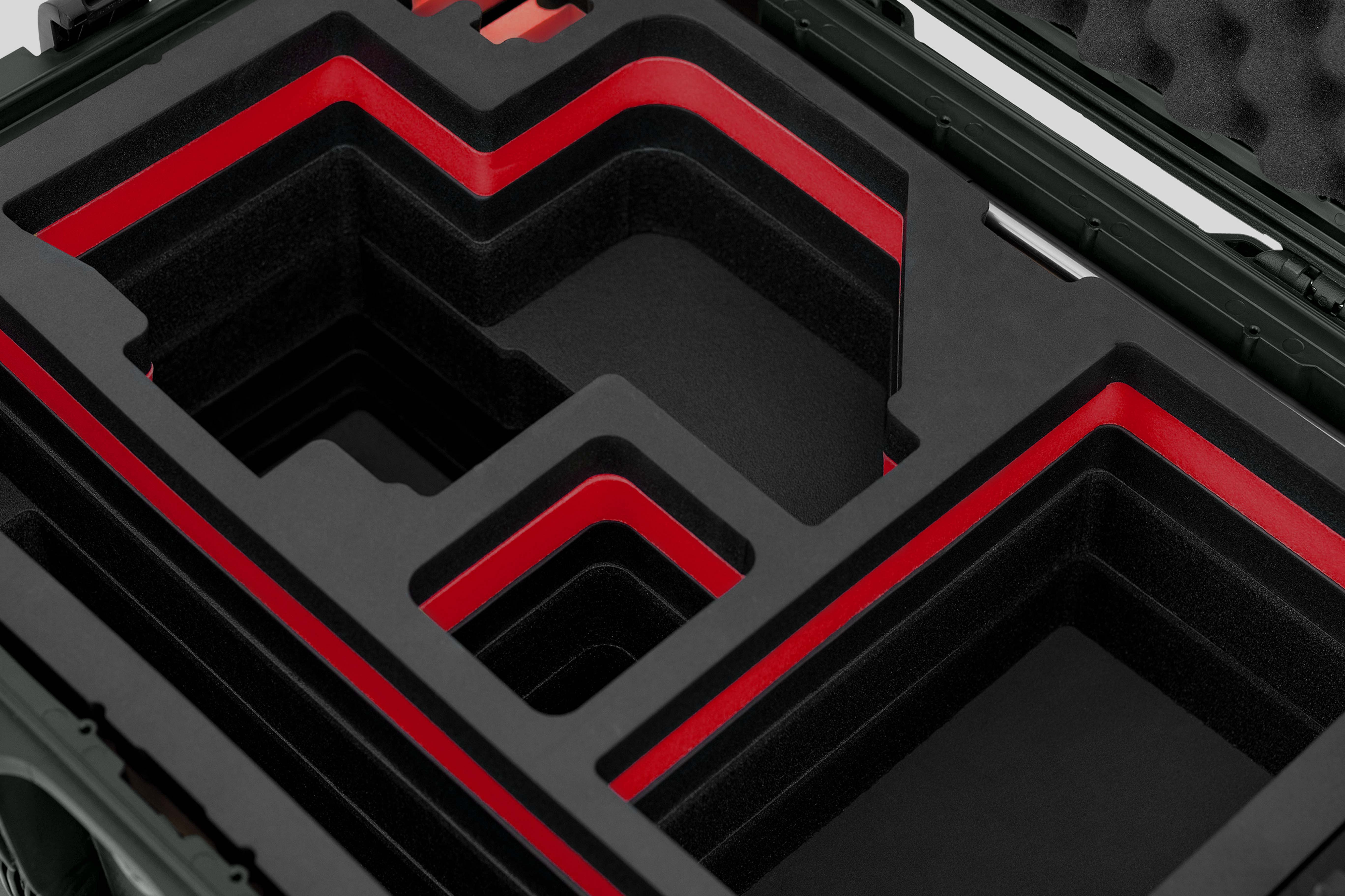 Close view of Olive Color Sony Burano Heavy Duty Roller Case and Custom Foam Insert with Red Layer for Burano Camera And Accessories