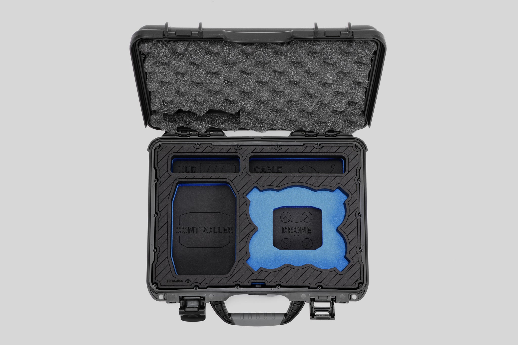 Top-view of Foama Black Color All-Weather Carry-on Case and Custom Foam Insert with a Blue Layer for DJI Neo