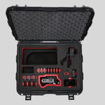 Top view of Sony FX3 and accessories in Black Color Studio Case and Custom Foam Insert with a red layer