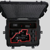 Top view of Sony FX6 and accessories in Black Color Studio Case and Custom Foam Insert with a Red Layer