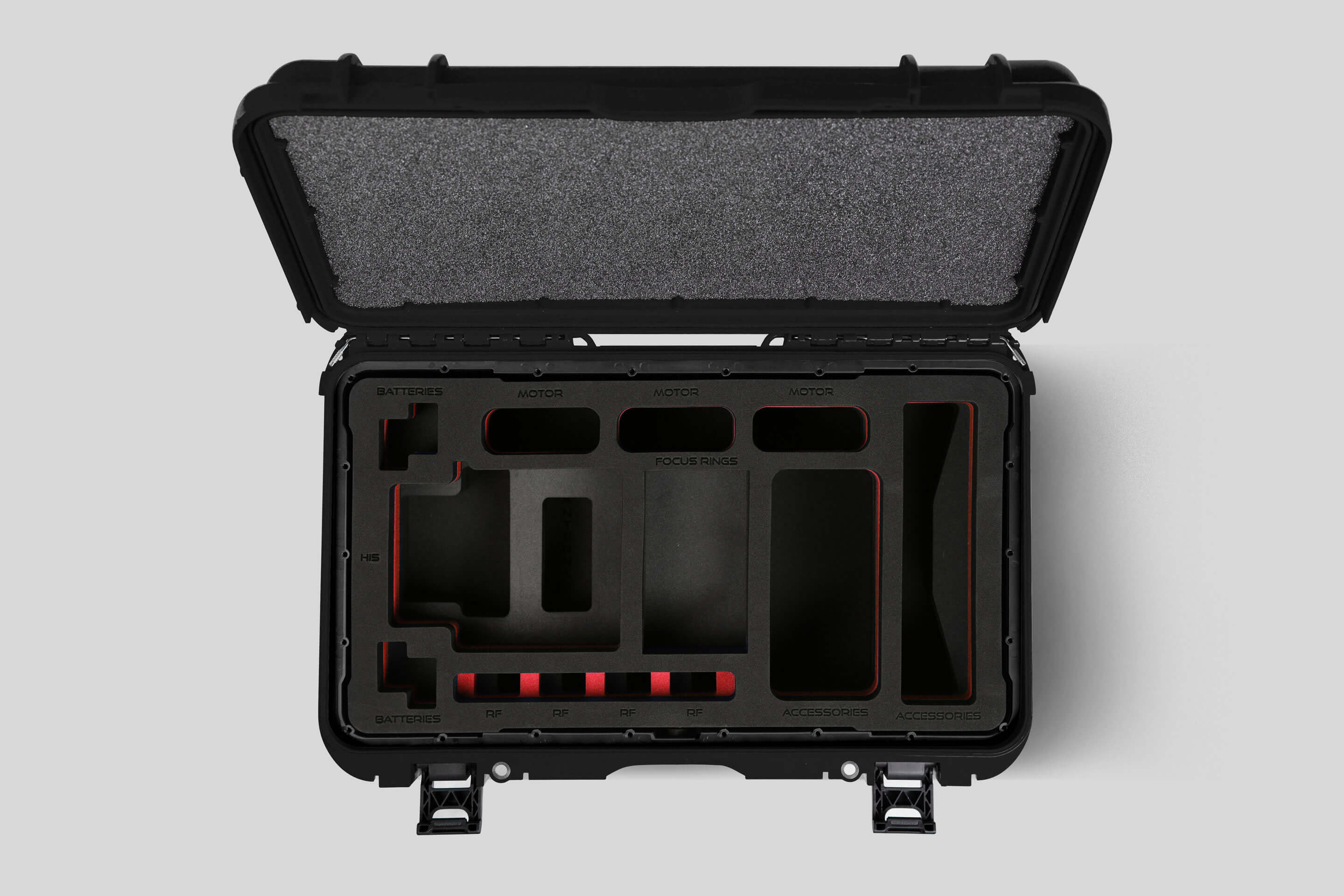 Top view of Black Color ARRI HI-5 Carry-On Case with Red Layer Custom Foam Insert
