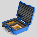Angled view of Foama Blue Color All-Weather Carry-on Case and Custom Foam Insert with a Yellow Layer for DJI Neo