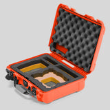 Angled view of Foama Orange Color All-Weather Carry-on Case and Custom Foam Insert with a Yellow Layer for DJI Neo