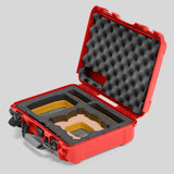 Angled view of Foama Red Color All-Weather Carry-on Case and Custom Foam Insert with a Yellow Layer for DJI Neo