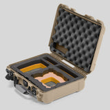 Angled view of Foama Tan Color All-Weather Carry-on Case and Custom Foam Insert with a Yellow Layer for DJI Neo