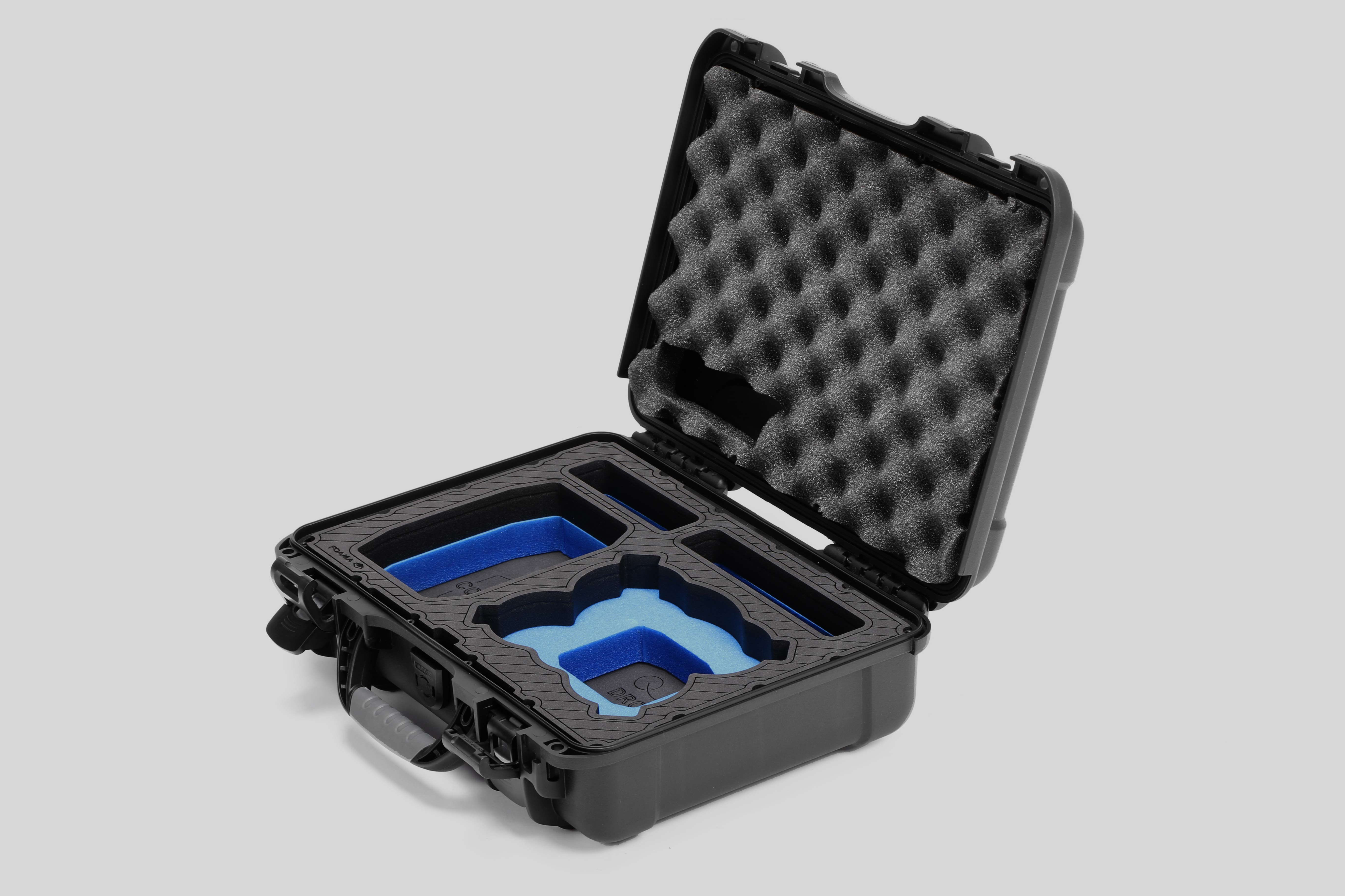 Angled-view of Foama Black Color All-Weather Carry-on Case and Custom Foam Insert with a Blue Layer for DJI Neo