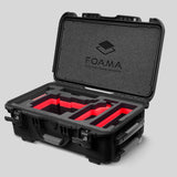 Angled view of Black Color ARRI Alexa 35 Carry-On Case with Red Layer Custom Foam Insert