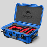 Angled view of Blue Color ARRI Alexa 35 Carry-On Case with Red Layer Custom Foam Insert