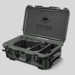 Angled view of Olive Color ARRI Alexa 35 Carry-On Case with Black Layer Custom Foam Insert