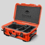 Angled view of Orange Color ARRI Alexa 35 Carry-On Case with Black Layer Custom Foam Insert