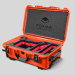 Angled view of Orange Color ARRI Alexa 35 Carry-On Case with Red Layer Custom Foam Insert