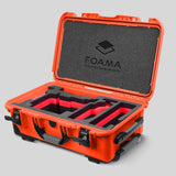 Angled view of Orange Color ARRI Alexa 35 Carry-On Case with Red Layer Custom Foam Insert