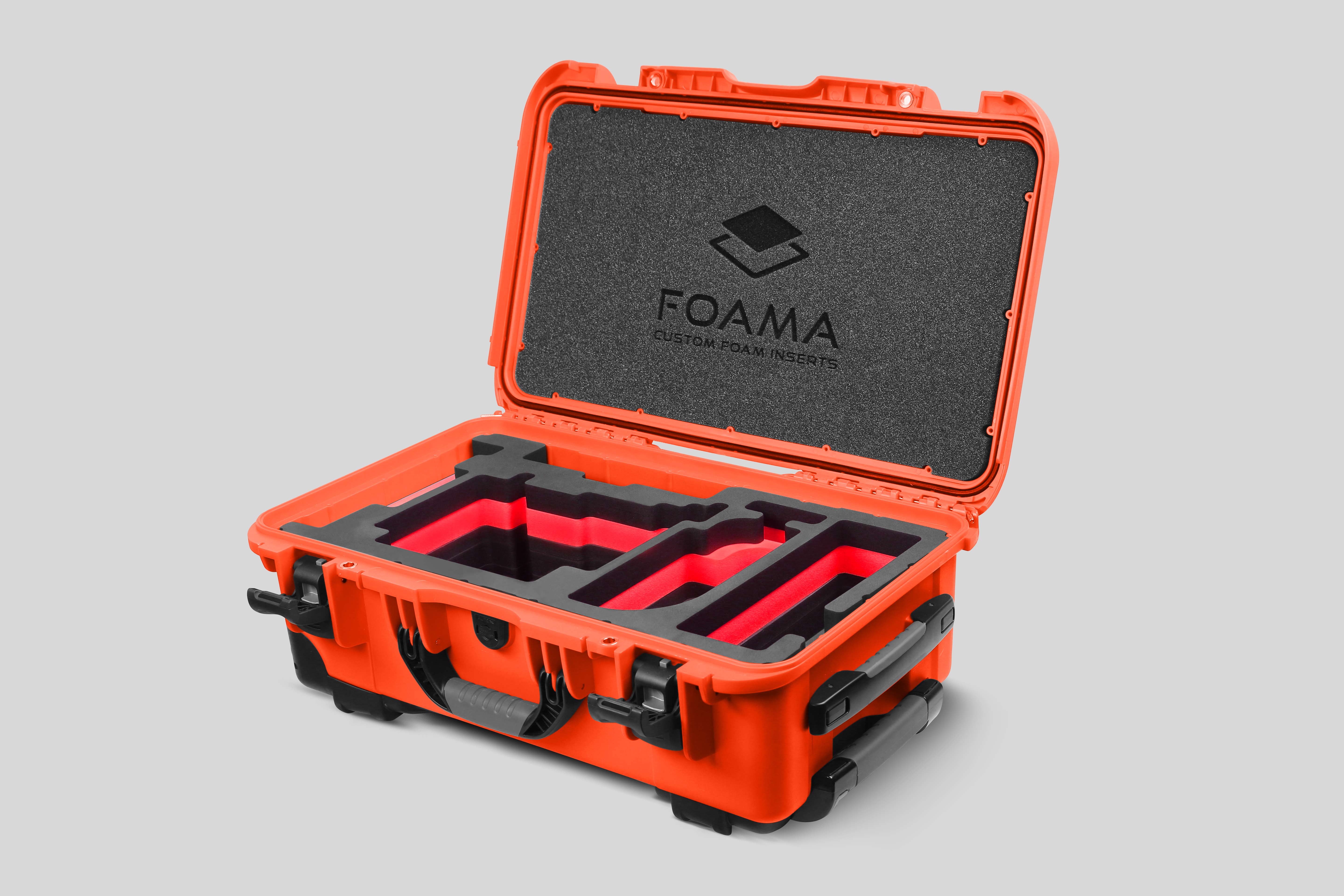 Angled view of Orange Color ARRI Alexa 35 Carry-On Case with Red Layer Custom Foam Insert