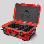 Angled view of Red Color ARRI Alexa 35 Carry-On Case with Black Layer Custom Foam Insert