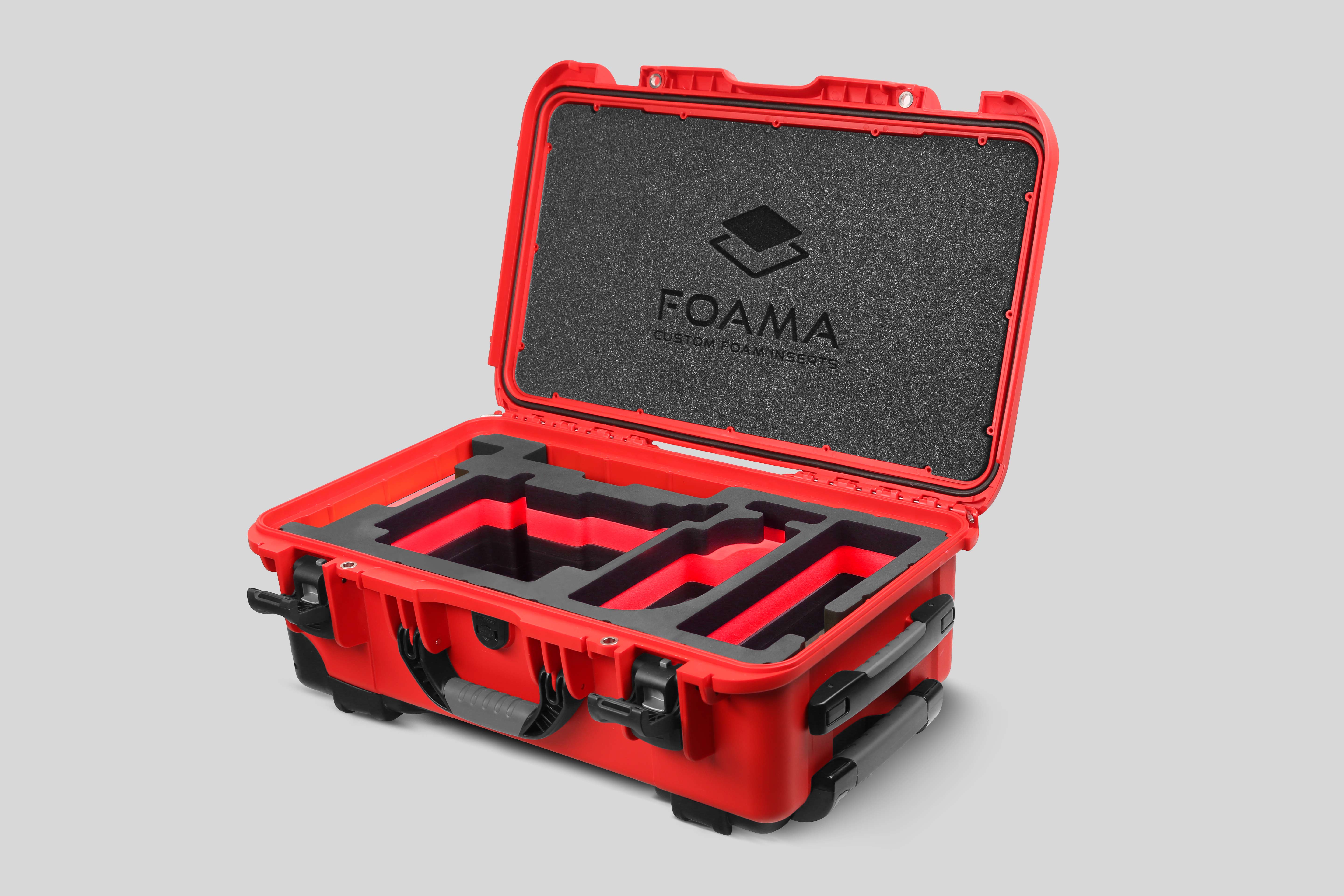 Angled view of Red Color ARRI Alexa 35 Carry-On Case with Red Layer Custom Foam Insert