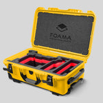 Angled view of Yellow Color ARRI Alexa 35 Carry-On Case with Red Layer Custom Foam Insert