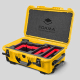 Angled view of Yellow Color ARRI Alexa 35 Carry-On Case with Red Layer Custom Foam Insert