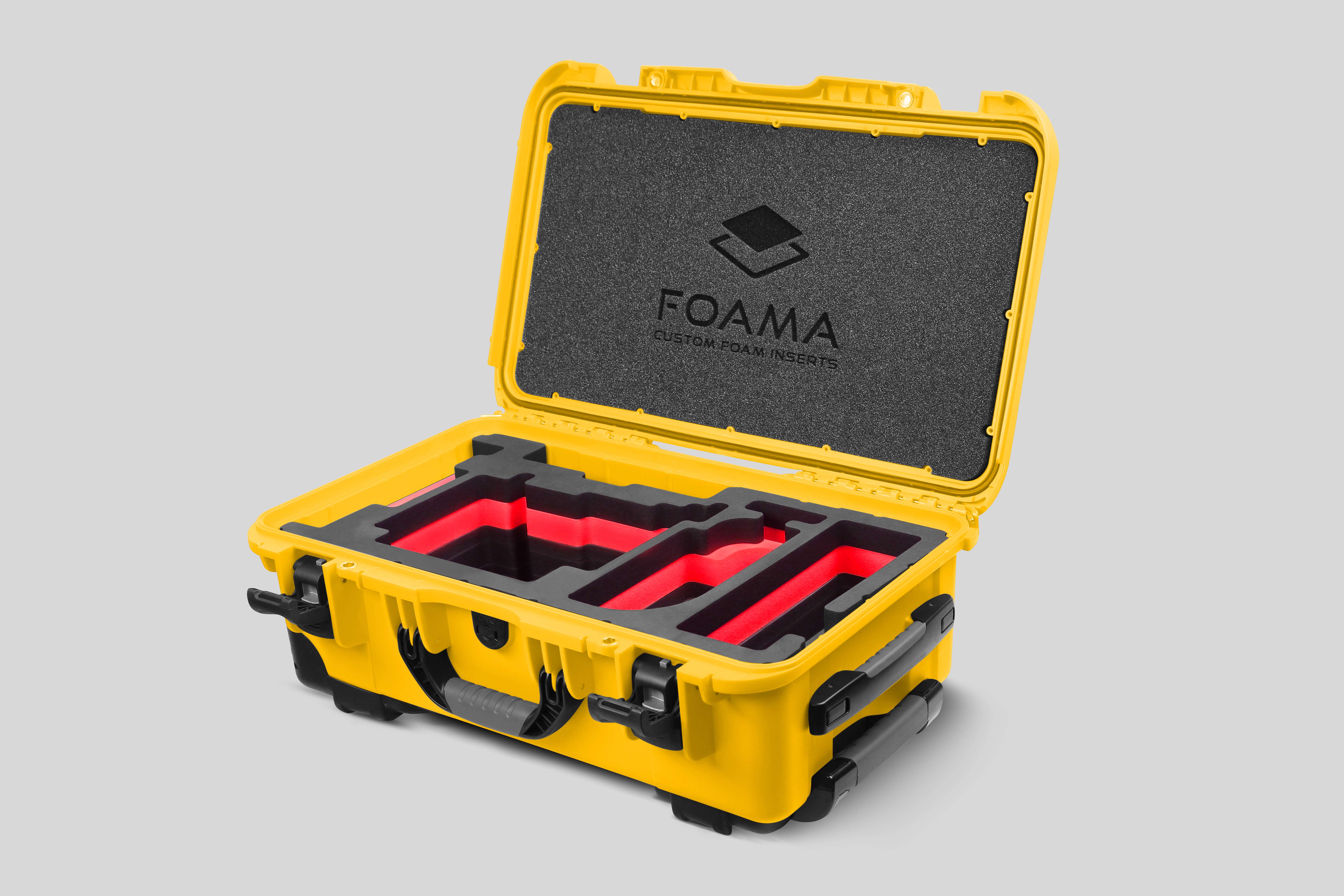 Angled view of Yellow Color ARRI Alexa 35 Carry-On Case with Red Layer Custom Foam Insert