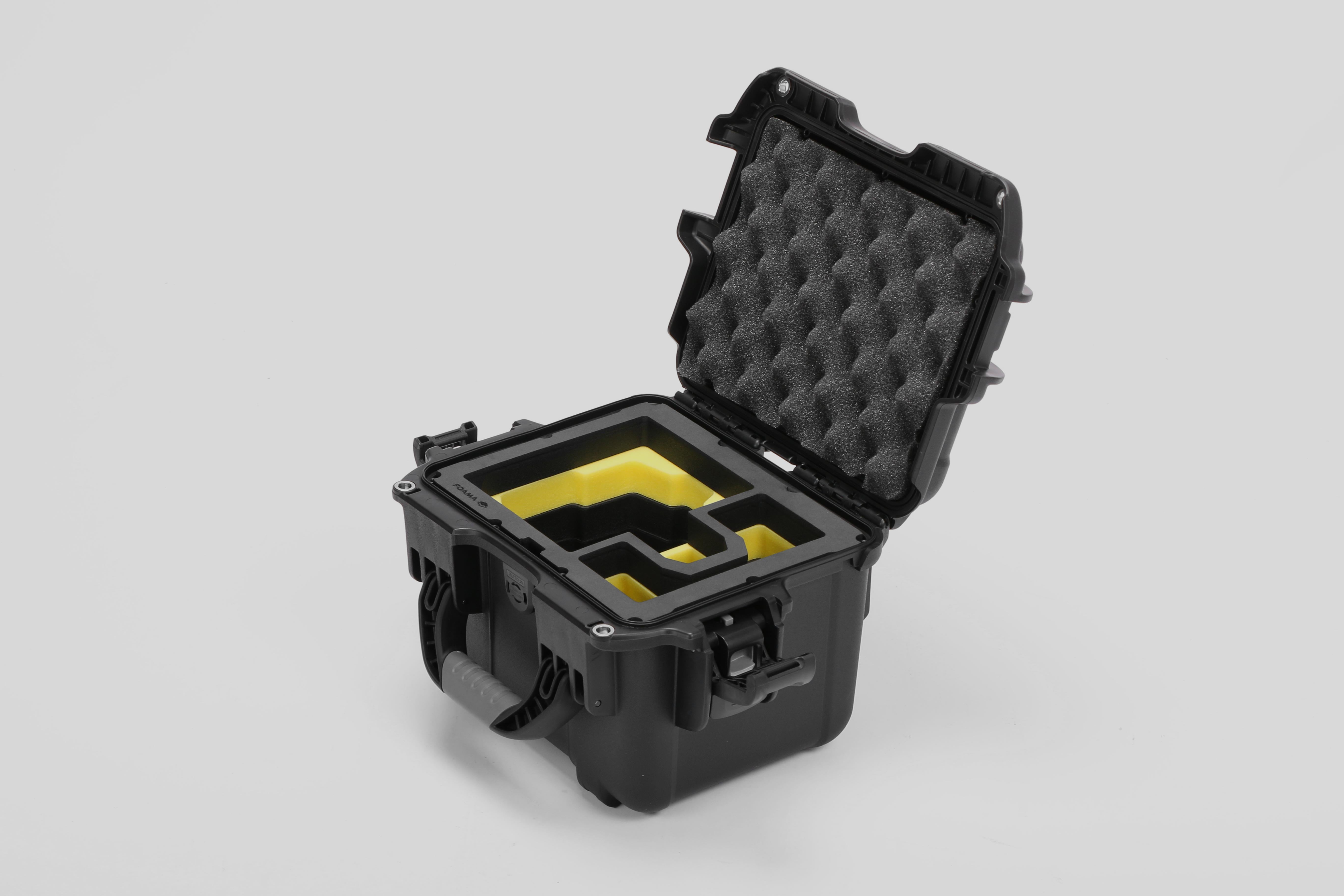 Angled view of DJI Zenmuse H30T Black Color Storage and Carrying Case and Custom Foam Insert with a Yellow Layer