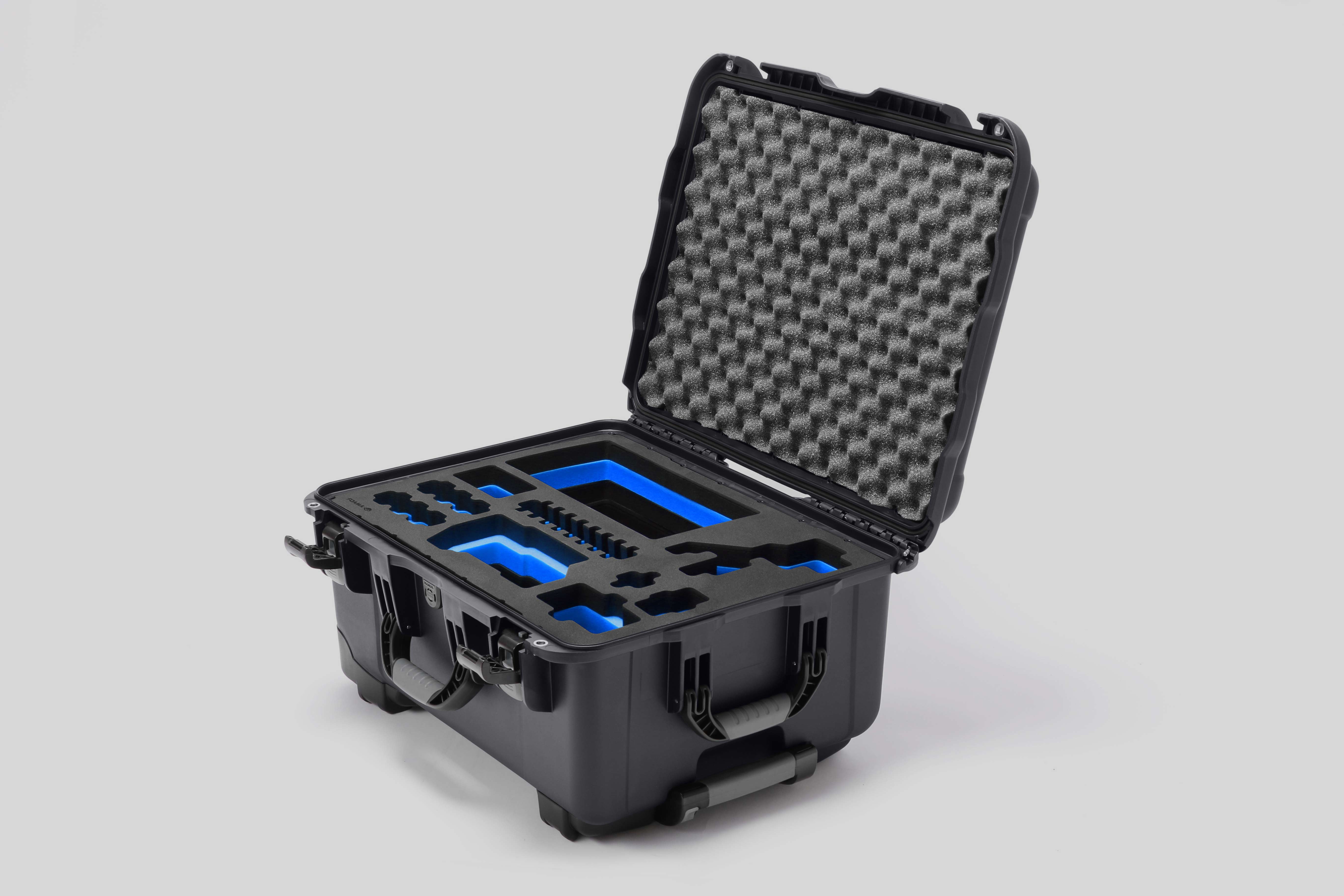 Angled view of Sony FX3 Graphite Color Studio Case and Custom Foam Insert with a Blue Layer