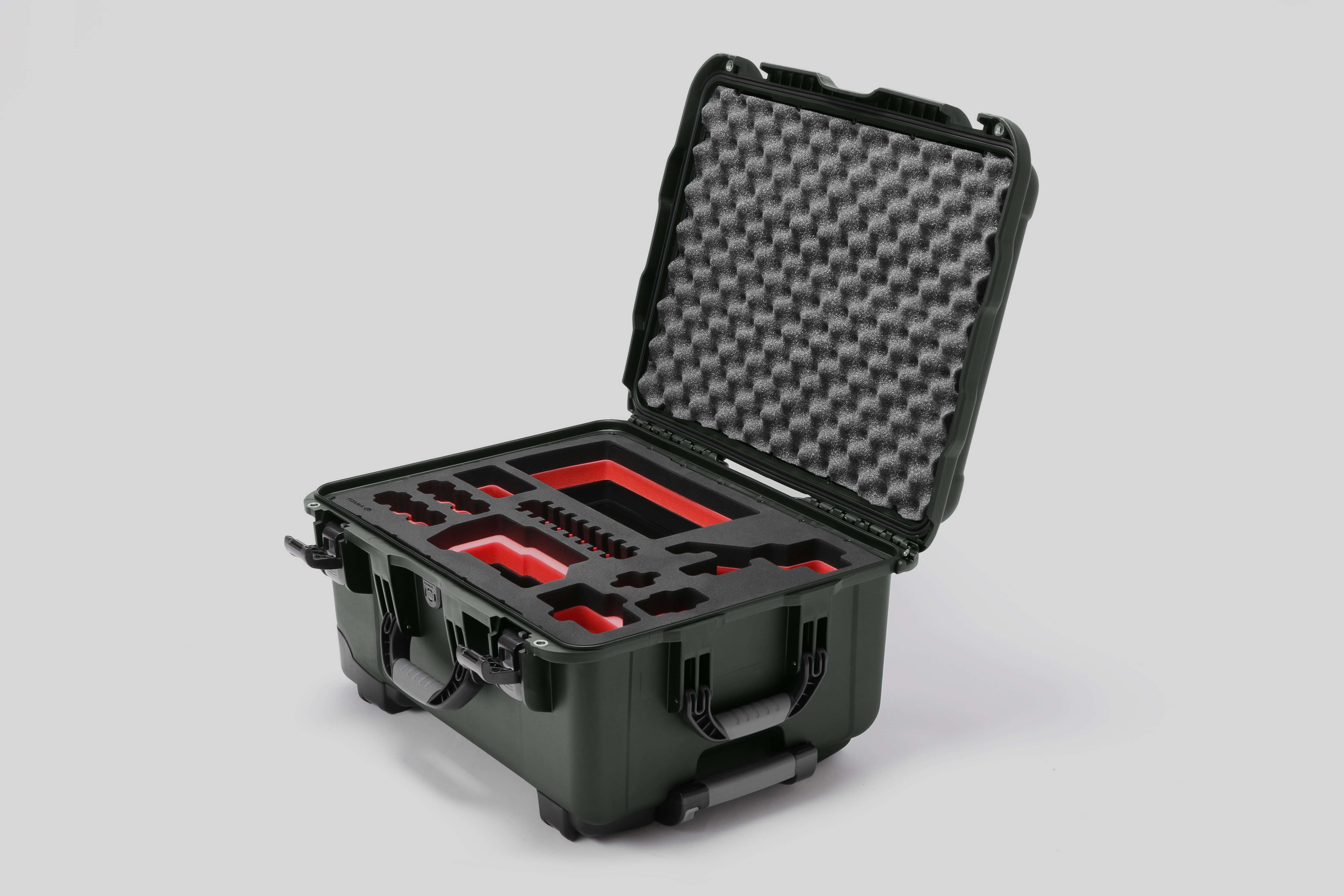 Angled view of Sony FX3 Olive Color Studio Case and Custom Foam Insert with a Red Layer