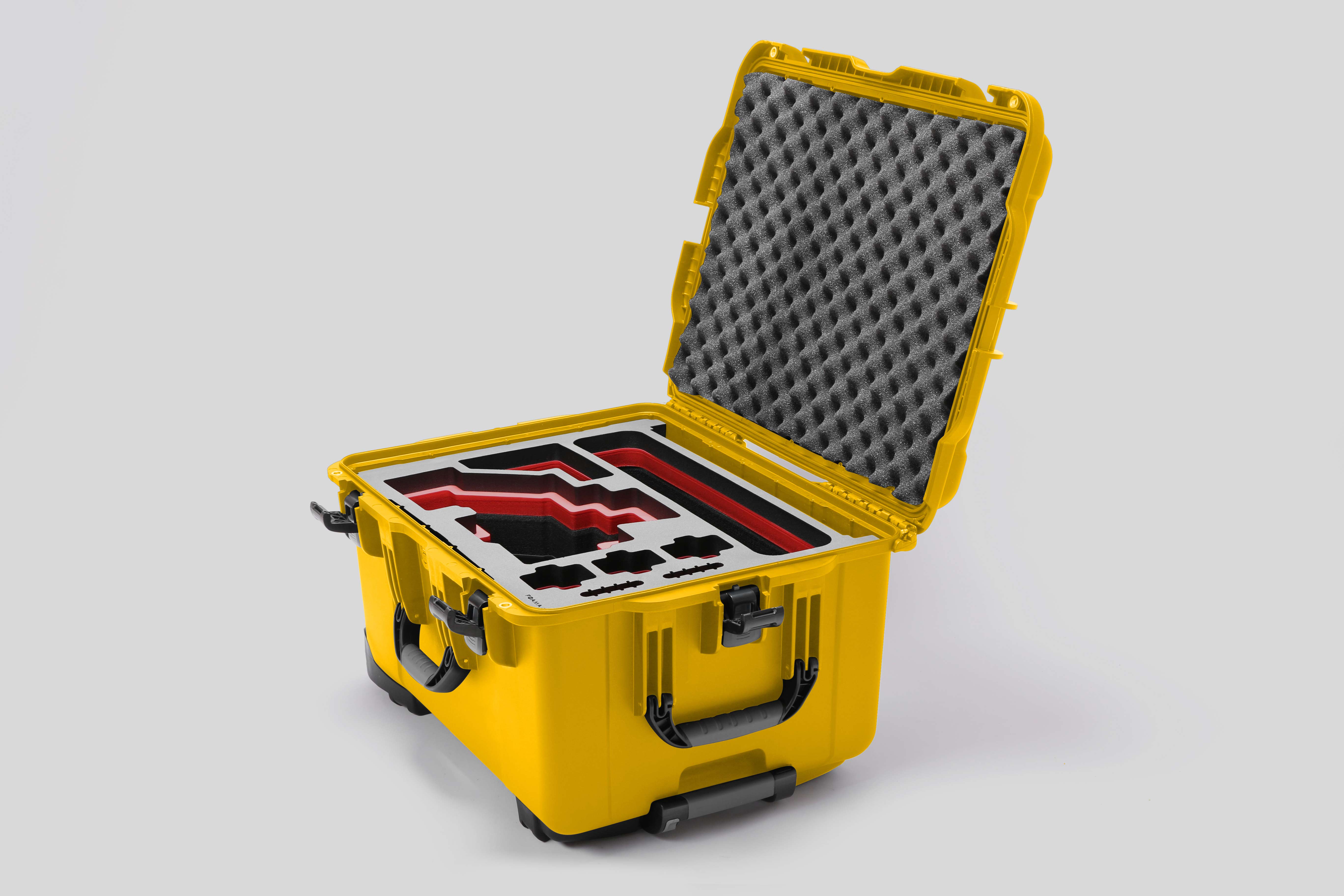 Angled view of Sony FX6 Yellow Color Studio Case and Custom Foam Insert with a Red Layer
