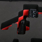 Close-up view 1 of Sony FX3 and accessories in Black Color Studio Case and Custom Foam Insert with a red layer