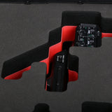 Close-up view 1 of Sony FX3 and accessories in Black Color Studio Case and Custom Foam Insert with a red layer